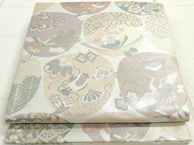 平和屋着物◎佐賀錦 六通柄袋帯 吉祥飛鶴文 銀糸 正絹 逸品