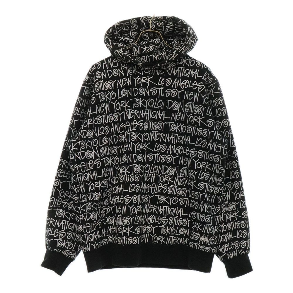 STUSSY (ステューシー) 総柄 シティプリント スウェット プルオーバーパーカー ブラック/ホワイト
