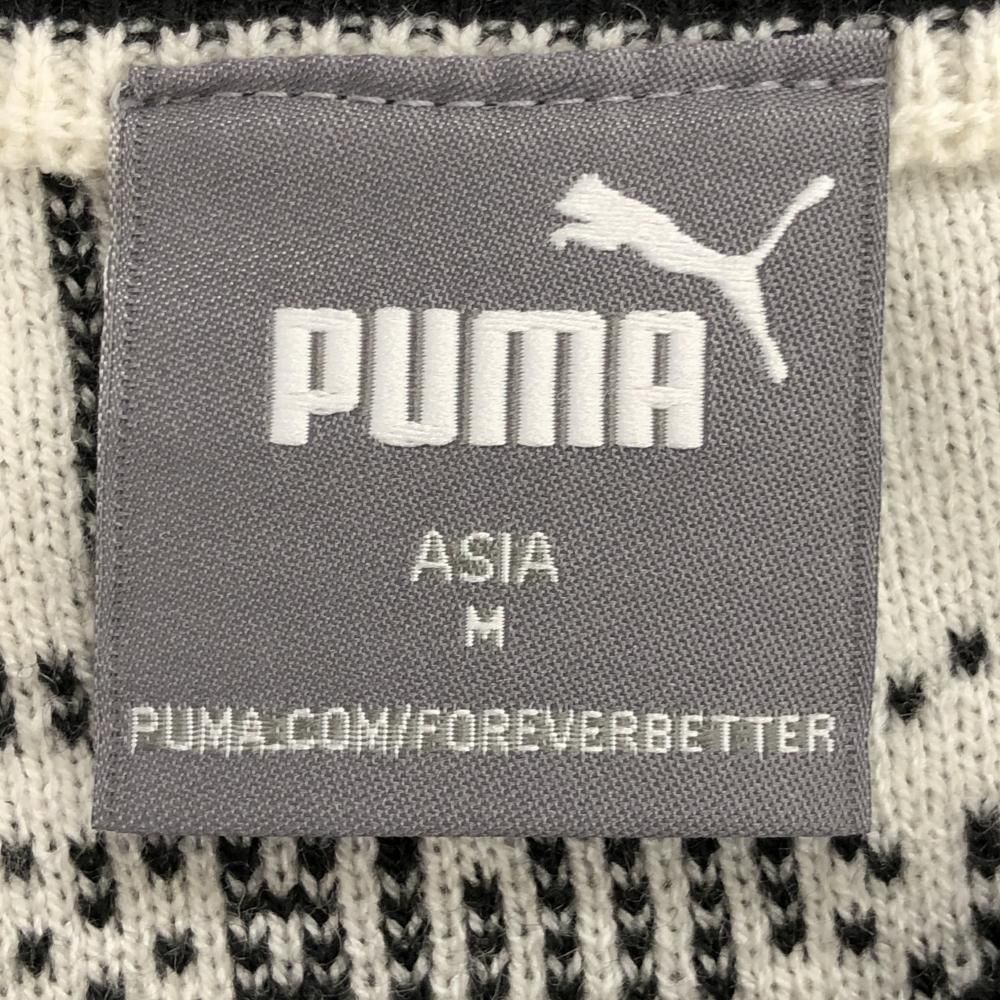 【超美品】プーマ セーター 黒×白 格子チェック ウール混 ニット  レディース M ゴルフウェア PUMA