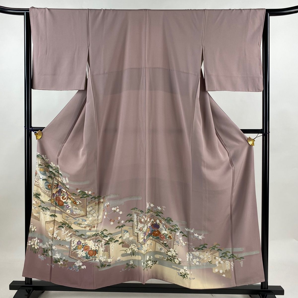 色留袖 身丈154.5cm 裄丈64.5cm M 袷 松竹梅 鳥 金糸 金銀彩 薄紫 正絹 秀品