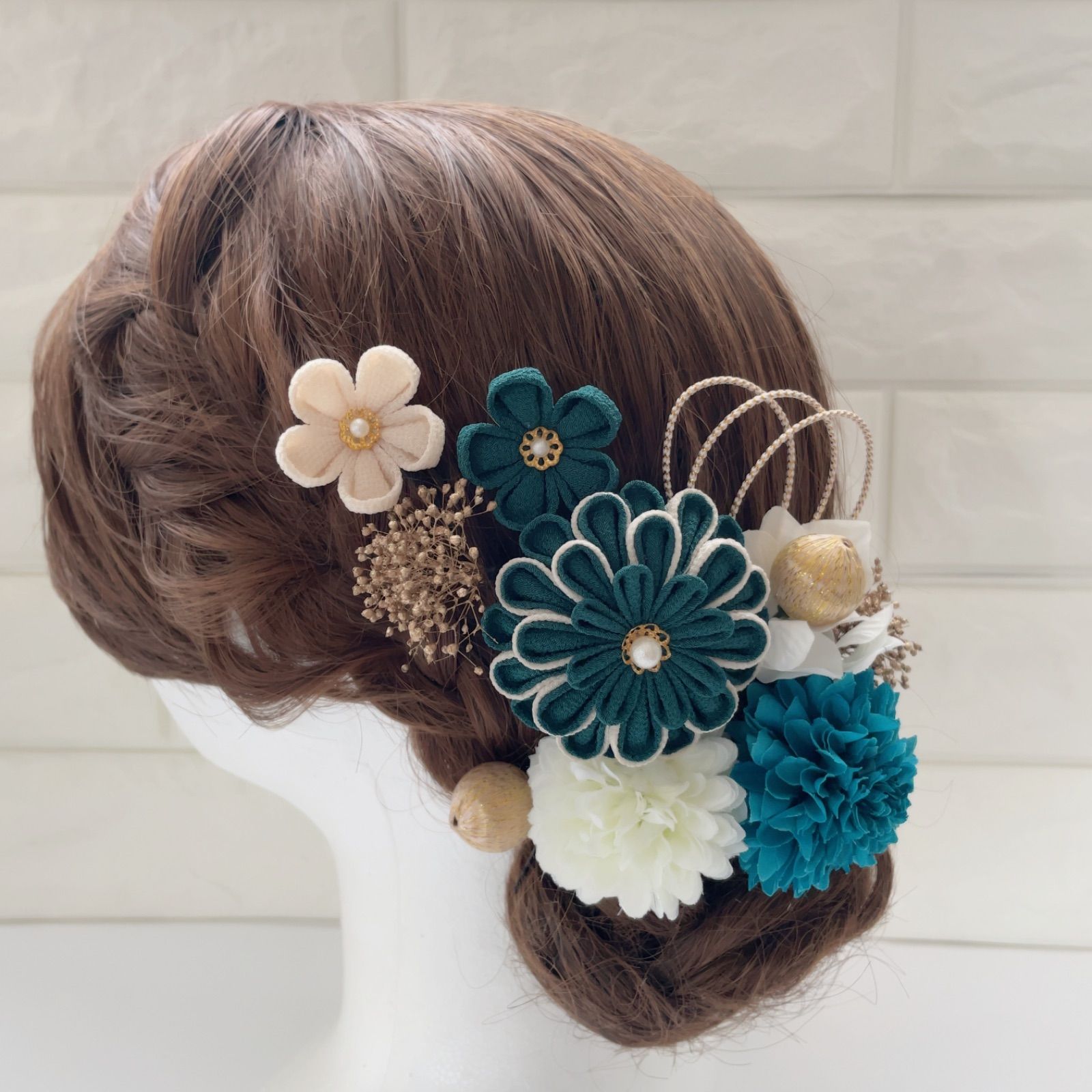 青緑＊華マム*かすみ草 つまみ細工 髪飾り 成人式 結婚式 m114 - メルカリ