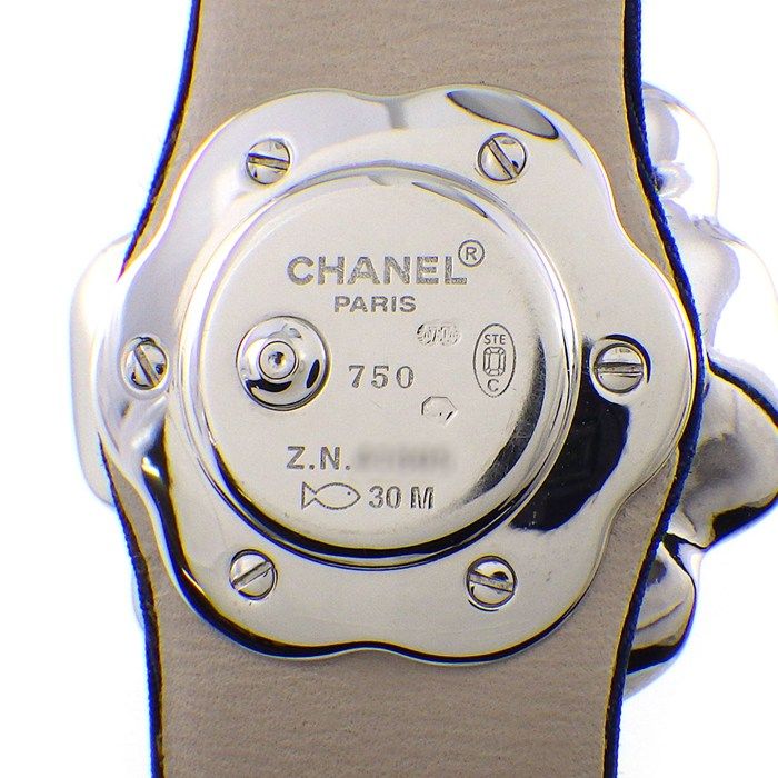 シャネル CHANEL 腕時計 カメリア H1187 ダイヤベゼル 4ポイント ダイヤインデックス ホワイトシェル文字盤 デイト 裏スケ K18WG ブルー 革ベルト クオーツアナログ 【中古】 シャネル CHANEL 腕時計 カメリア H1187 ダイヤベゼル 4ポイント