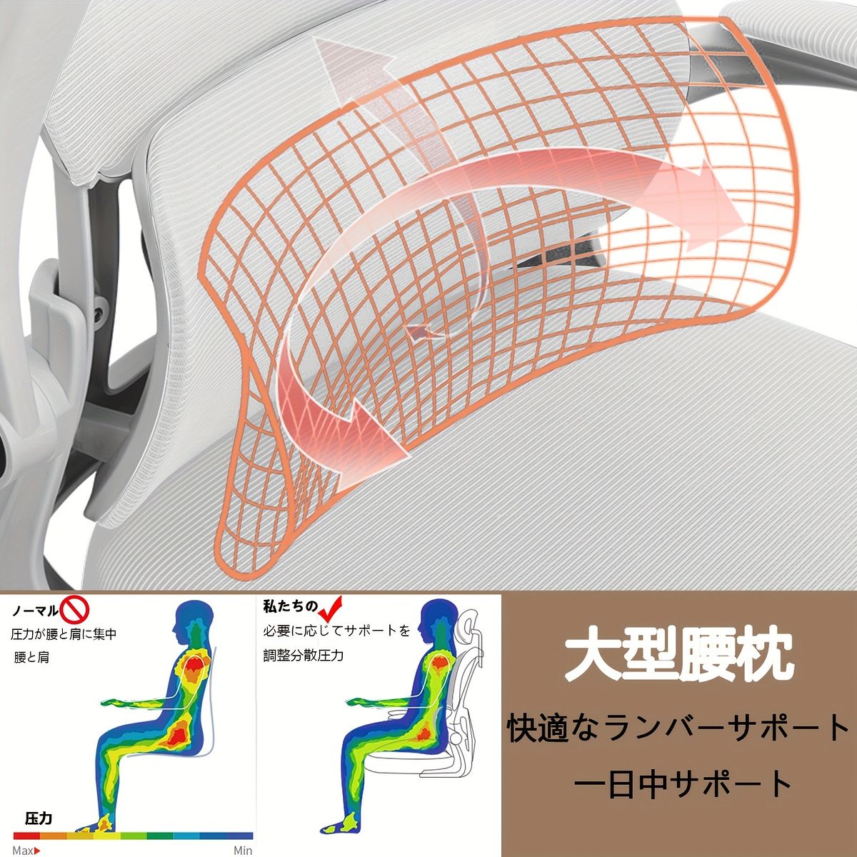 人間工学設計＆腰サポート オフィスチェア メッシュ素材 回転アームレスト 高さ調節 快適ホーム ゲーム デスクチェア チェア 事務所 在宅ワークに最適 グレー MARWIL-DEMENAGEMENTS_CH