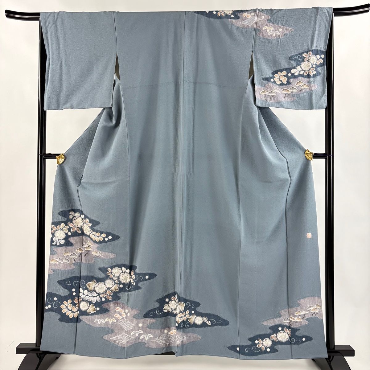 訪問着 身丈159cm 裄丈65cm M 袷 滝泰 落款 辻が花 霞 染め分け 青灰色 正絹 名品