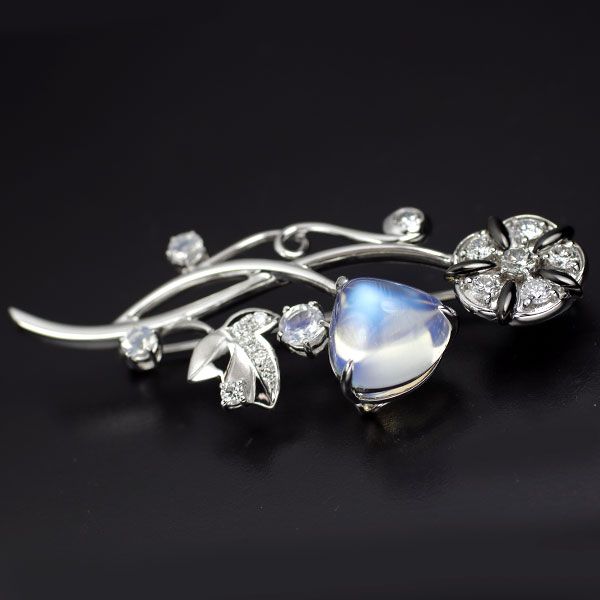 田崎真珠 K18WG ラブラドライト オニキス ダイヤモンド ブローチ 4.50ct D0.62ct フラワー
