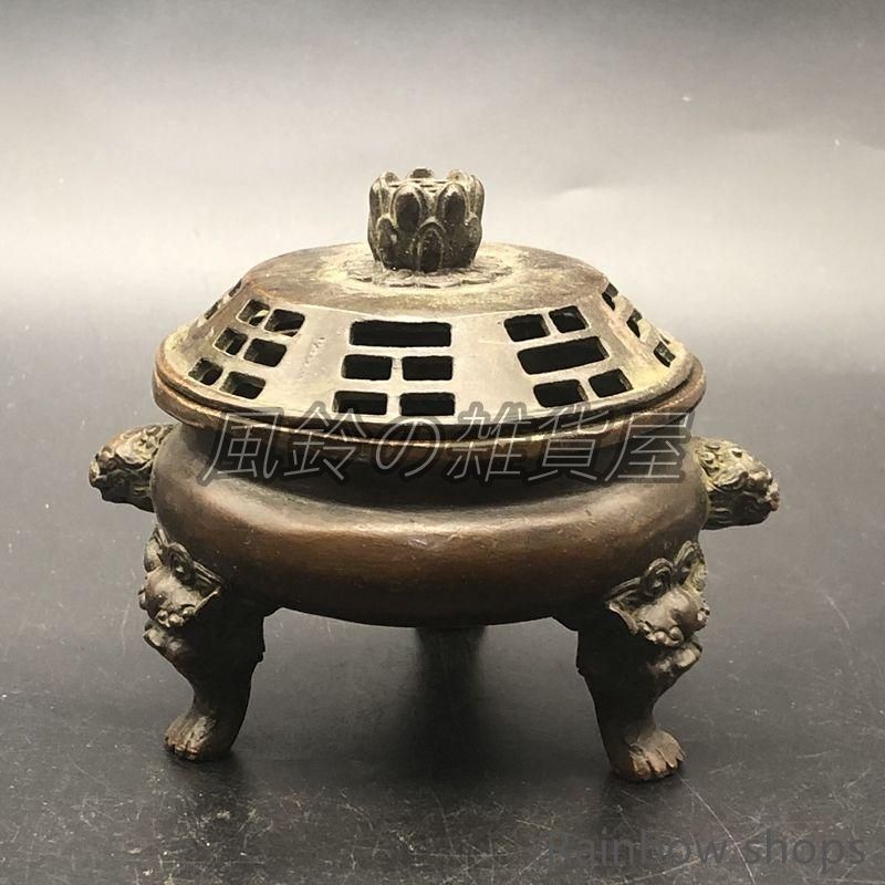 双獅耳竹細工蓋薫香炉 铜香炉 茶道置物 新品・未使用】 銅器 三足双獅頭香炉 蓮華蓋薫香炉 茶道薫香炉