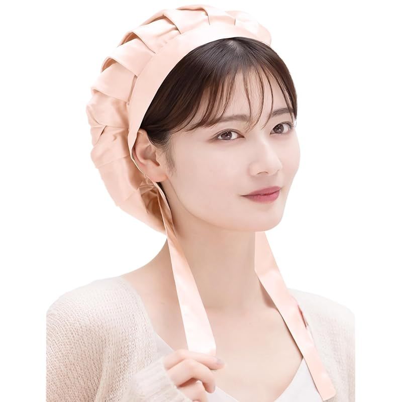 [COCOSILK] ナイトキャップ シルク リボン 紐 シルクキャップ ショートヘア シルクナイトキャップ 就寝用 シルク100% ヘアキャップ （L・サーモンピンク） 1
