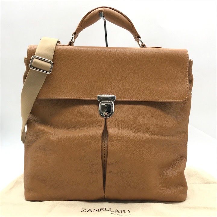 美品 ZANELLATO ザネラート 2WAY レザー ハンド ショルダー ビジネス バッグ ブリーフケース キャメルブラウン SV金具 a8284