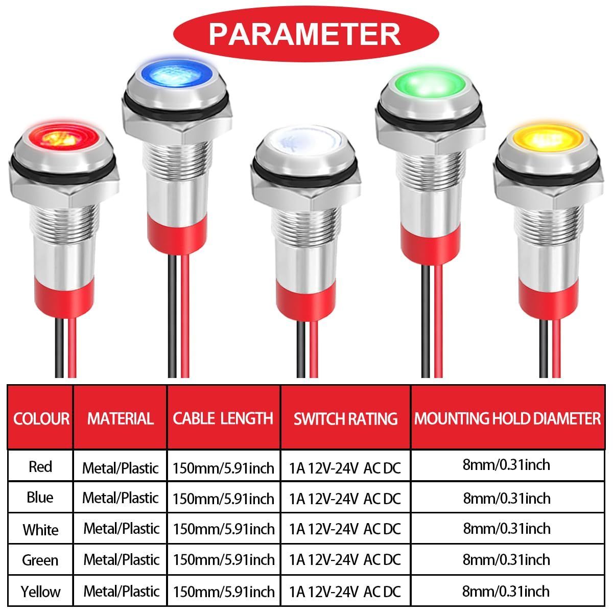 在庫】MKBKLLJY 10個 8mm AC/DC12-24V LEDメタルインジケーターライト 防水信号ランプ 5色(赤/黄/青/緑/白)  150mmケーブル長メタルLEDインジケーターライトと配線キャップ付き - メルカリ