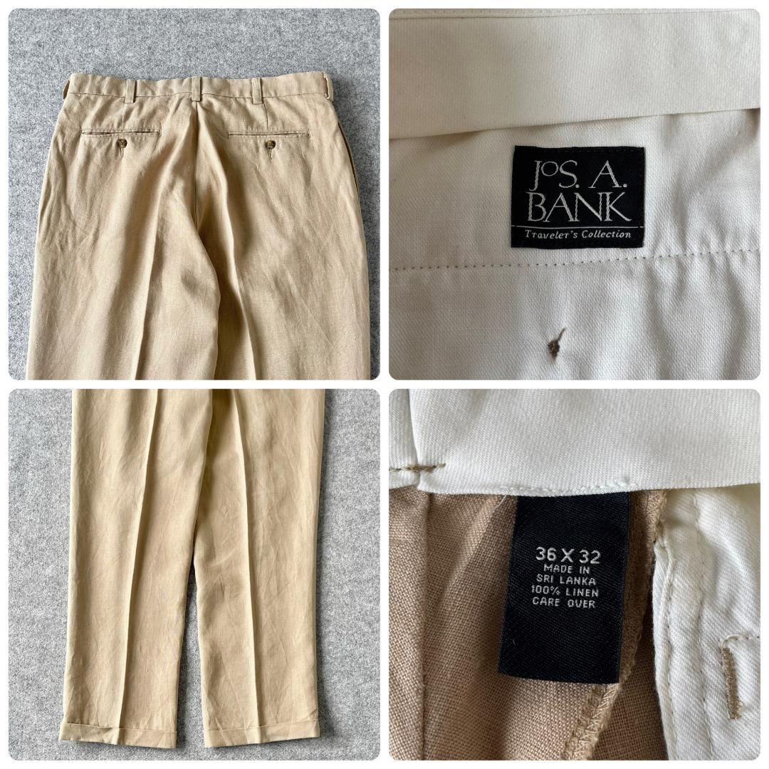 リネン100% 2タック ワイド スラックス ベージュ W36 ダブル 麻 古着 vintage】リネン 2タック ワイド スラックス ダブル ベージュ W36