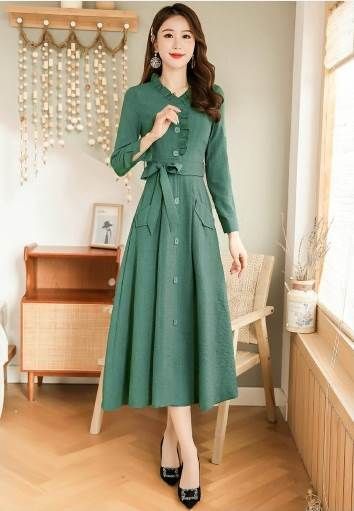 種類15：ブルー/L ウエストリボン フリルネック フレア シャツワンピ