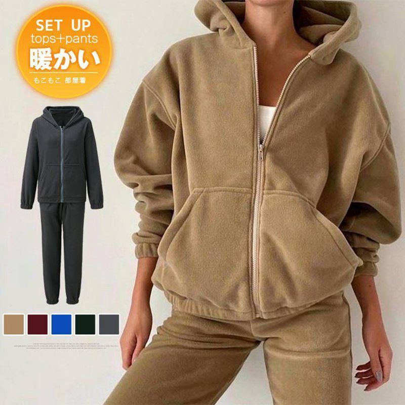 フリース セットアップ ♥ レディース 防風 防寒 暖かい 長袖 あったか ジャージ 上下セット スウェット 部屋着 寝巻き 寝間着 秋冬 ルームウェア 大きいサイズ ジップアップパーカー ジョガーパンツ ジャケット lbl24