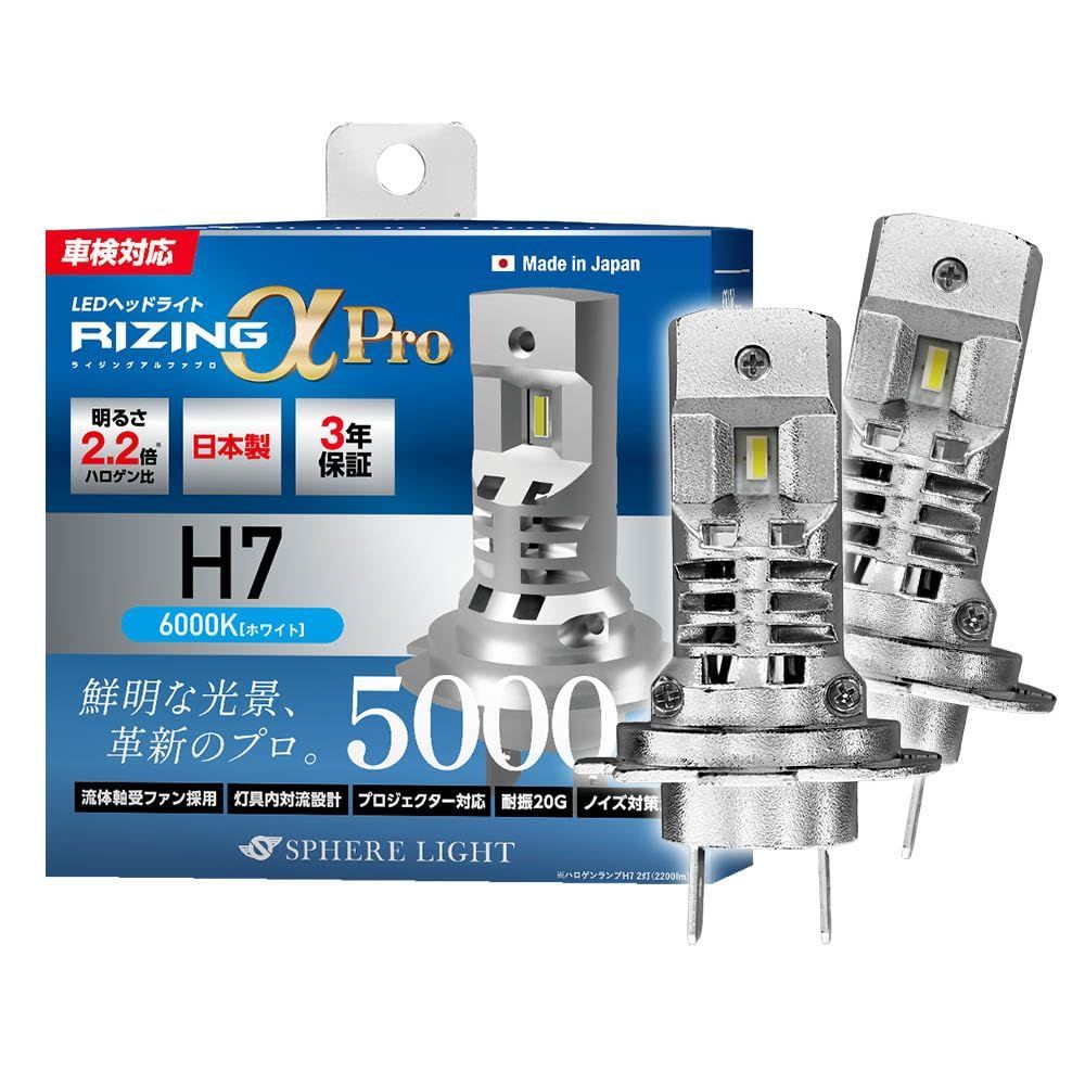 スフィアライト RIZINGα Pro H7 LED ヘッドライト 6000K ホワイト 12V 5000lm 車検対応 日本製 冷却ファン ポン付け バルブ ノイズ対策済 ライジングアルファプロ SPHERELIGHT SLRPH7A060