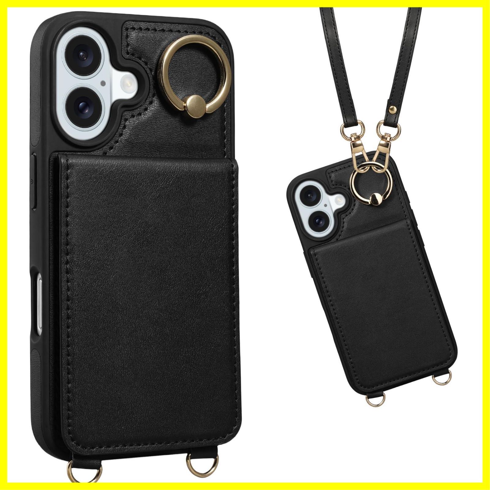【人気商品】ブラック 6.1inch マグネット 首掛け 財布型 可愛い 用 用 16 16 16 あいほん アイホン いPhone スタンド 斜め掛け ICカード収納 肩掛け PUレザー 背面ケース 手帳型ケース iPhone16 ストラ