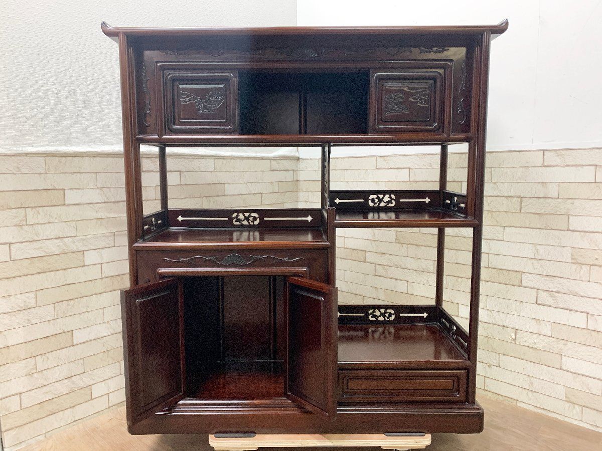 唐木家具 紫檀彫刻 和家具 アンテイーク 松の木 飾り棚 茶箪笥 昭和