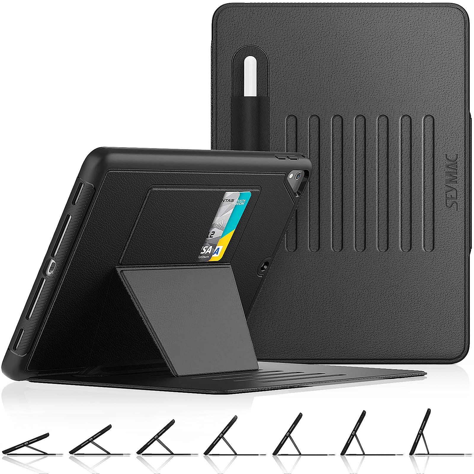 【在庫処分】第6世代/第5世代 9.7インチ(2018/2017) 無印 / Air2 iPad / Pro 9.7 ケース ケース 耐衝撃 多角度横置き調節 stock オートスリープ ペン収納 カード収納 SEYMAC 強磁力全面保護カバー (ブラック