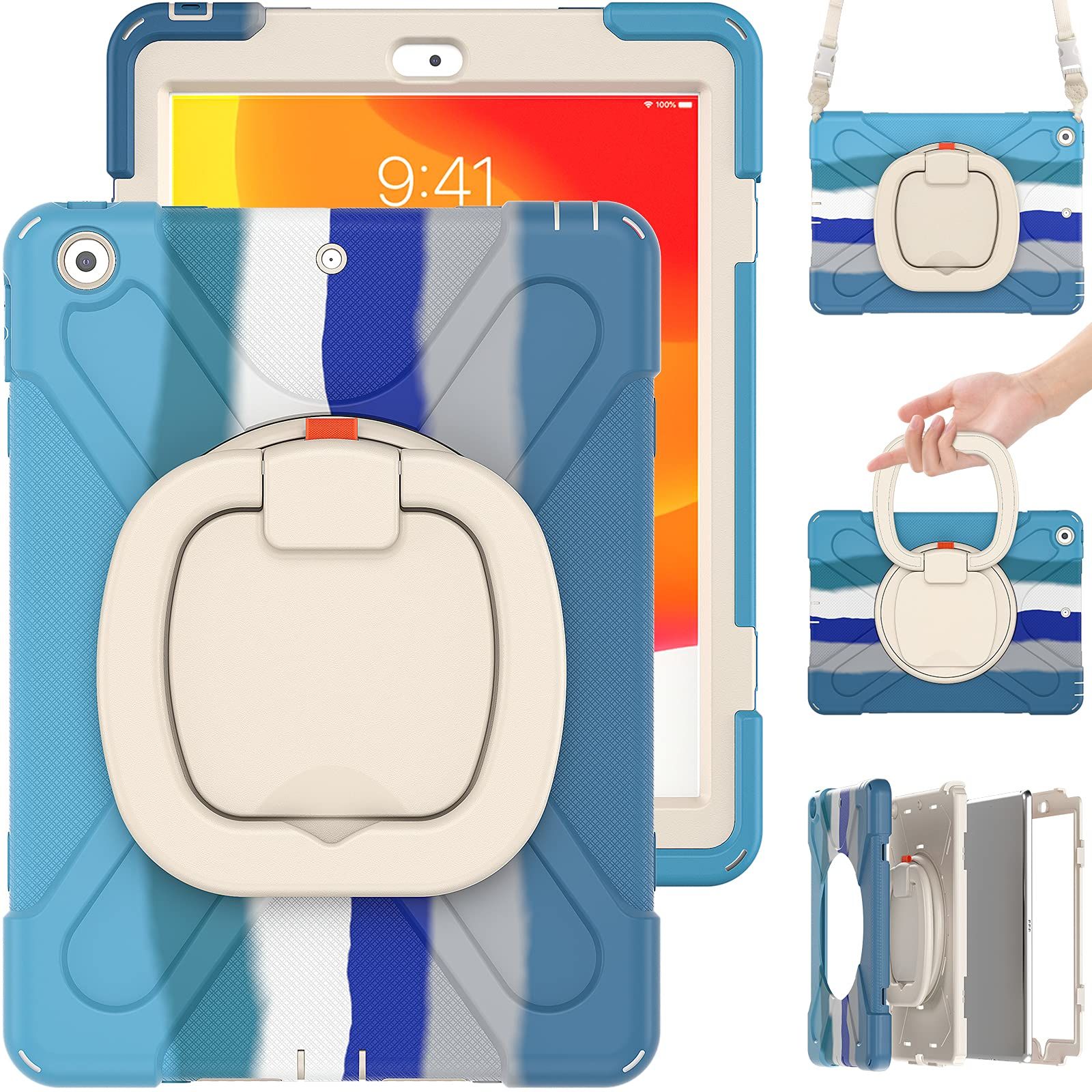 iPad7 カバー iPad8 iPad9 アイパッド 横置き 斜め掛け 肩掛け 持ち手付き 縦置き可能 子ども 子供 かわいい 可愛く丈夫スタンド キッズ 頑丈 ペンシル収納 ハンドストラップ 耐衝撃 360回転持ち手