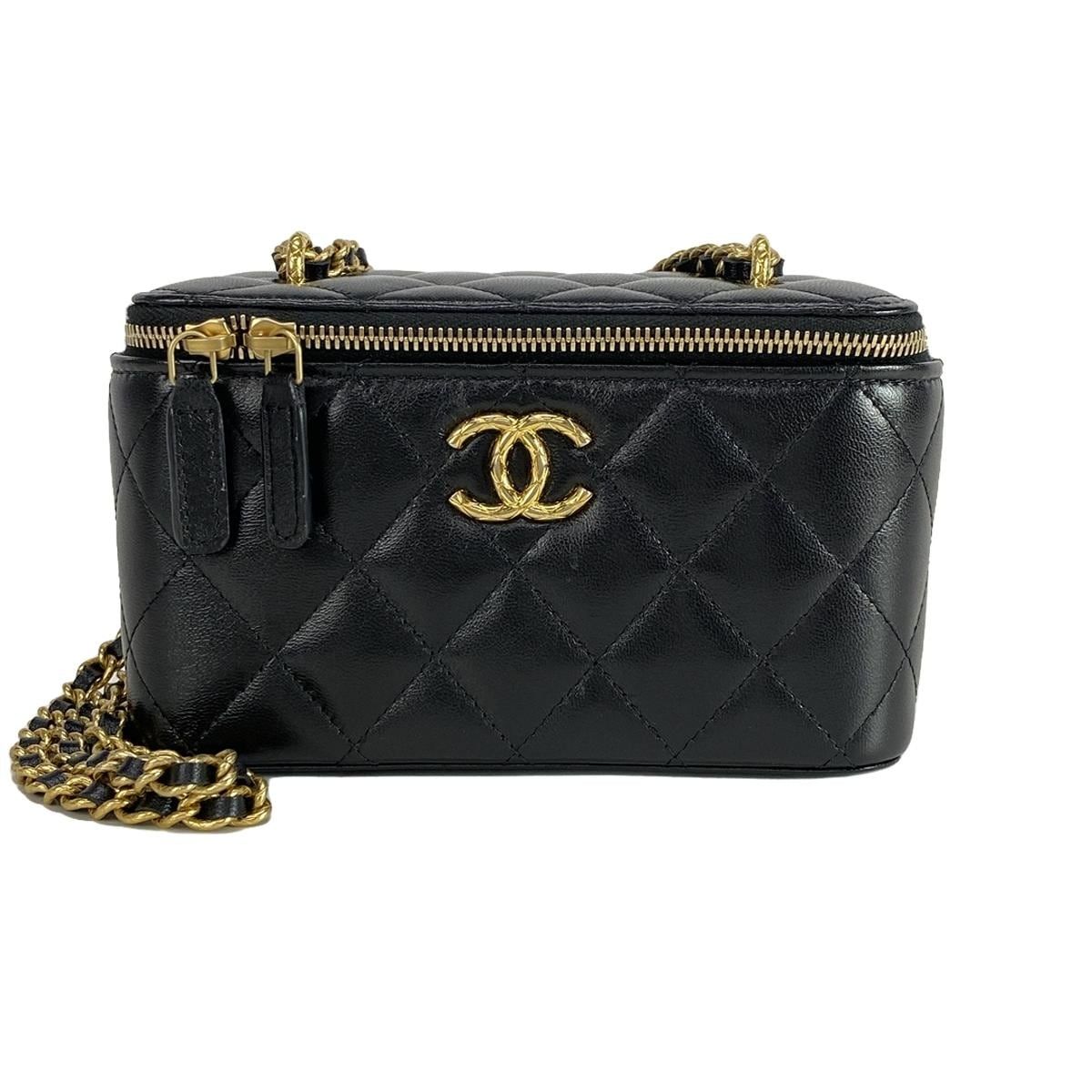 CHANEL(シャネル) バニティバッグ美品 ヴァニティー ケース/マトラッセ AP3104 黒 ゴールド金具/チェーンショルダー ラムスキン -  メルカリ