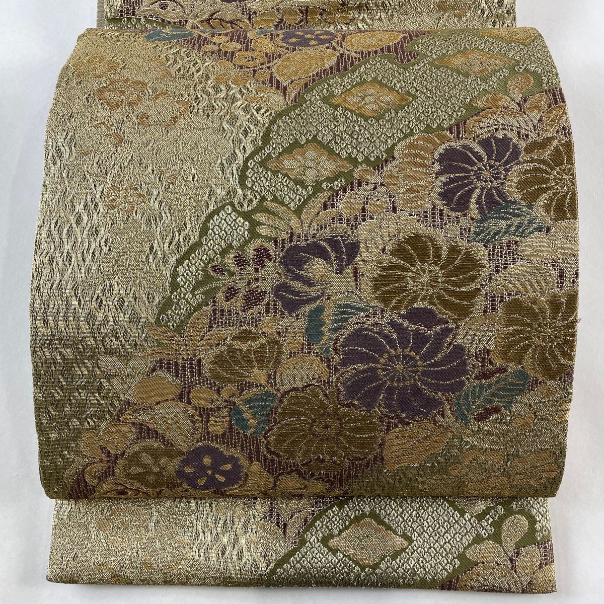袋帯 名品 辻が花柄 雪輪 金糸 鶯色 六通 正絹
