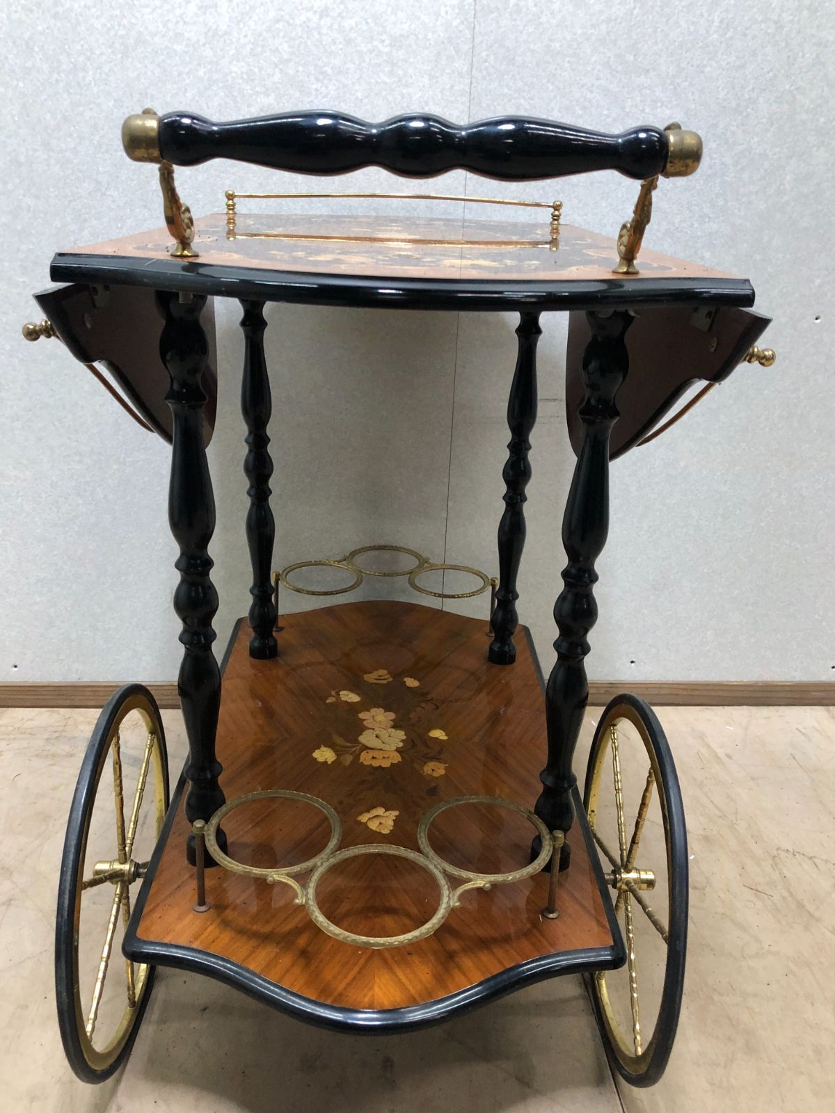 イタリア 象嵌細工 キッチンワゴン ティーカート サーヴィングカート カート キッチンワゴン 象嵌細工 イタリア製 バタフライ天板 折りたたみ天板