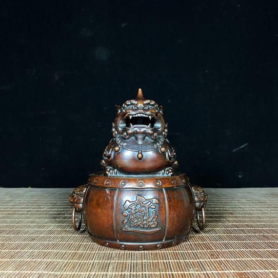 銅器 重工 彫刻 獅環耳独角鼓面薫香炉 工芸品 美術品 置物 銅器 重工 彫刻 獅環耳独角鼓面薫香炉 工芸品 美術品 置物