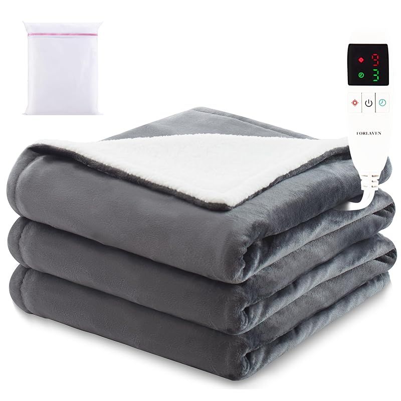 電気毛布 掛け敷兼用 洗える 大判 190×130cm 洗濯ネット付き 速暖 9段階温度調節 タイマー付き 節電 省エネ ダニ退治 防寒対策 丸洗いOK フランネル＆シープボア 軽量 肩掛け 膝掛け シングル PSE認証済み ダークグレー Forlav 0