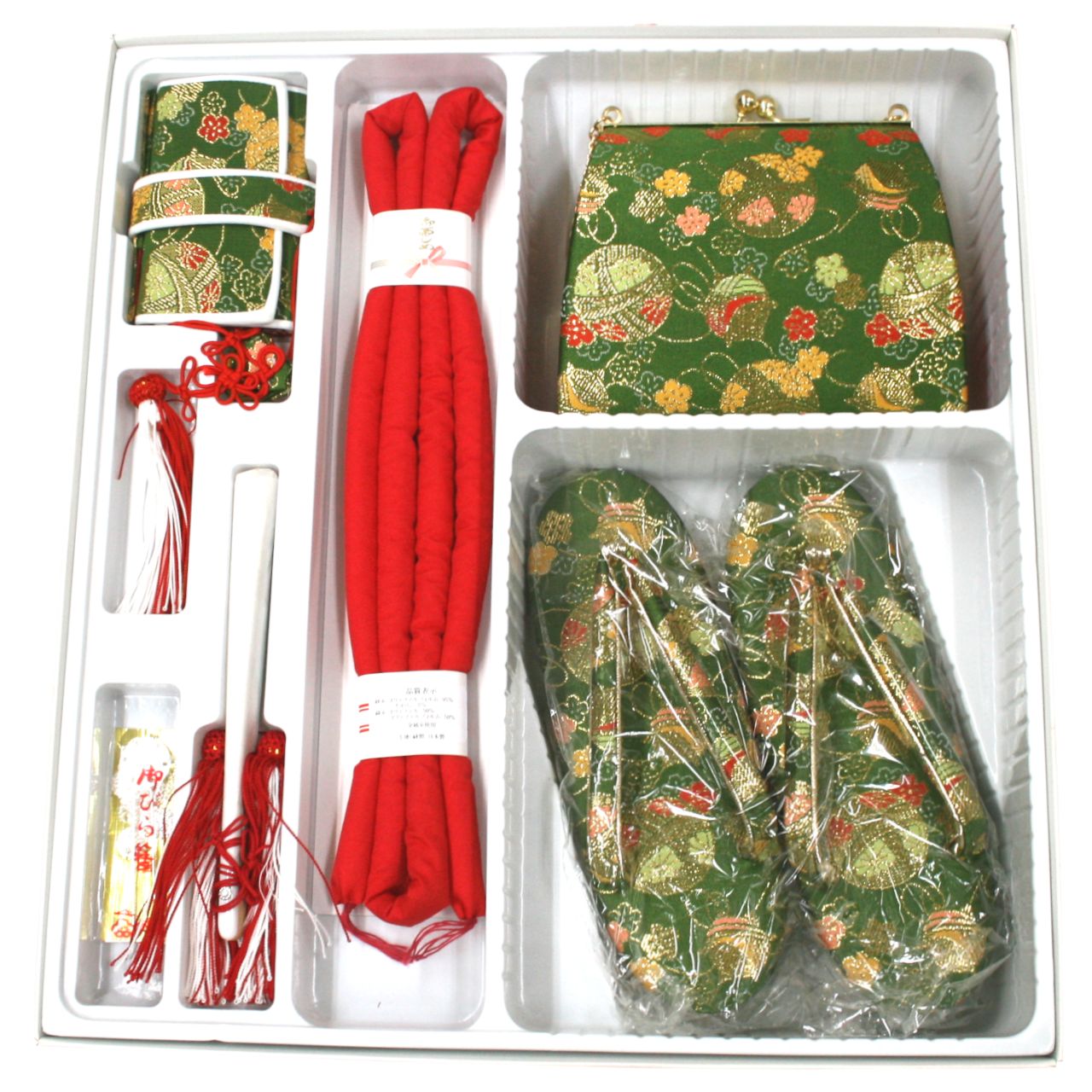 七五三 7歳 はこせこセット 筥迫セット 四つ身用 草履 バッグ 筥迫 帯締め ビラカン 扇子 深緑