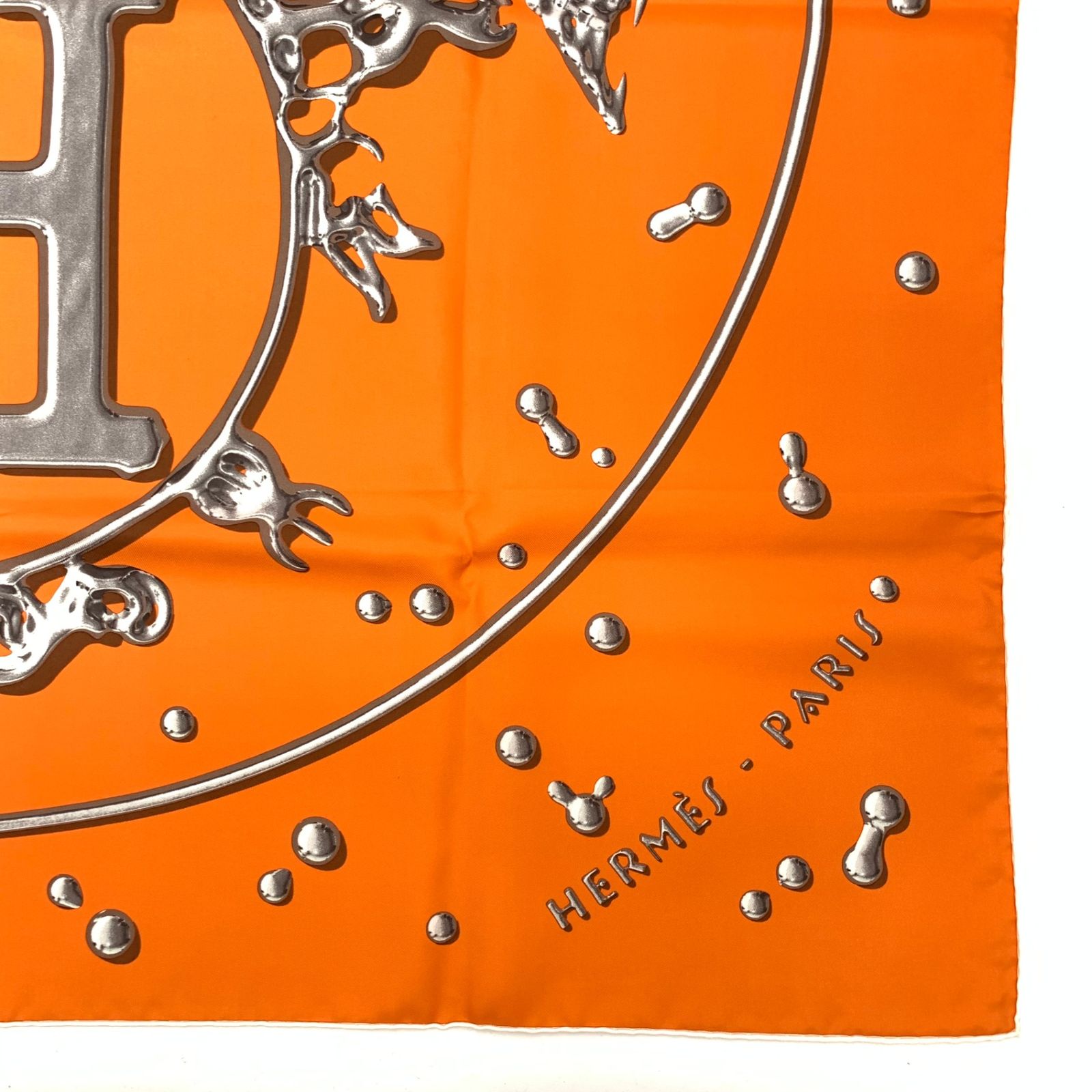 極美品 HERMES エルメス カレ90 VIF ARGENT 銀の雫 オレンジ シルク 
