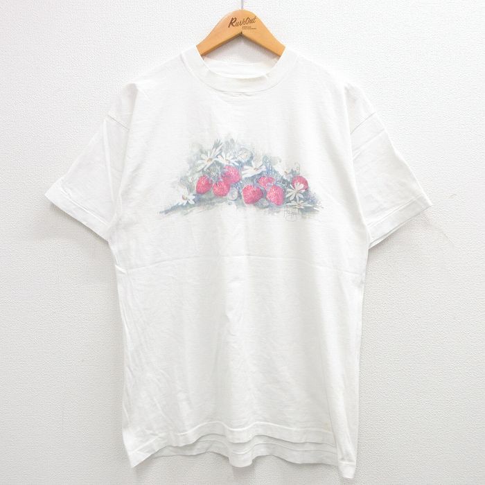 L/古着 フルーツオブザルーム 半袖 ビンテージ Tシャツ メンズ 90s イチゴ コットン クルーネック 白 ホワイト 24jun13 中古