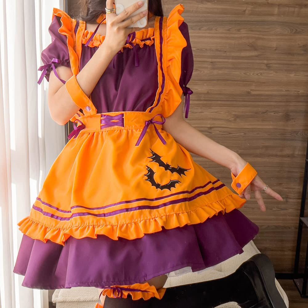 [RPFLQ] ハロウィン メイド服 オレンジ コウモリ コスプレ ハロウィン 仮装 レディース エプロン カチューシャ 衣装 可愛い 大人用 ワンピース 7点セット ニーハイソックス付き