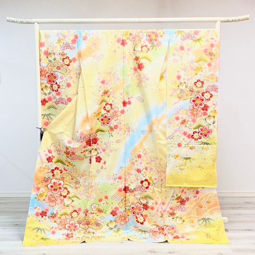 新品・一式セット】振袖 未使用 黄色 クリーム 水色 桜 成人式 F18 
