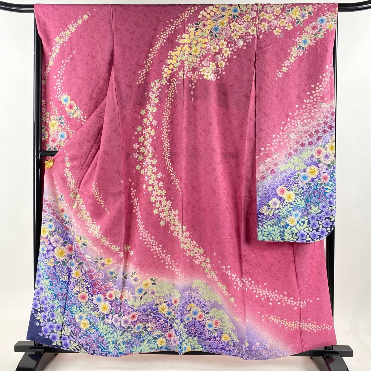 振袖 身丈158cm 裄丈66.5cm M 袷 やまと 桜 草花 銀通し 絞り ピンク 正絹