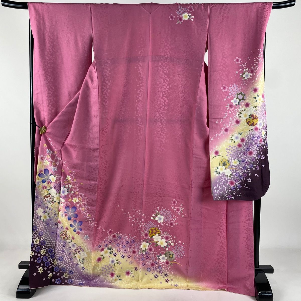 振袖 身丈172cm 裄丈69cm L 袷 桜 手鞠 金糸 金彩 ピンク 正絹