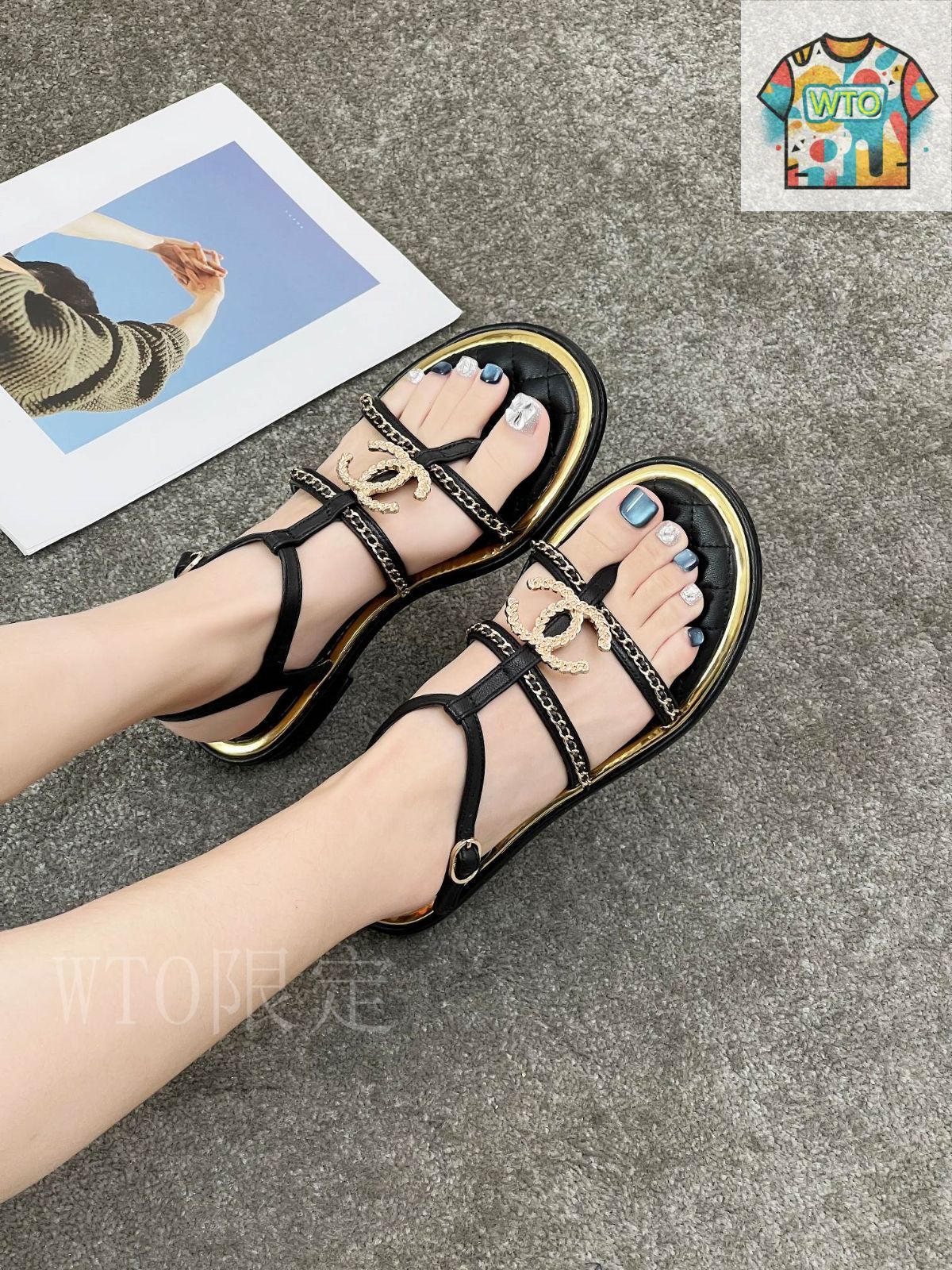 CHANEL アンクルストラップサンダル02-2 黒 サンダル レディース