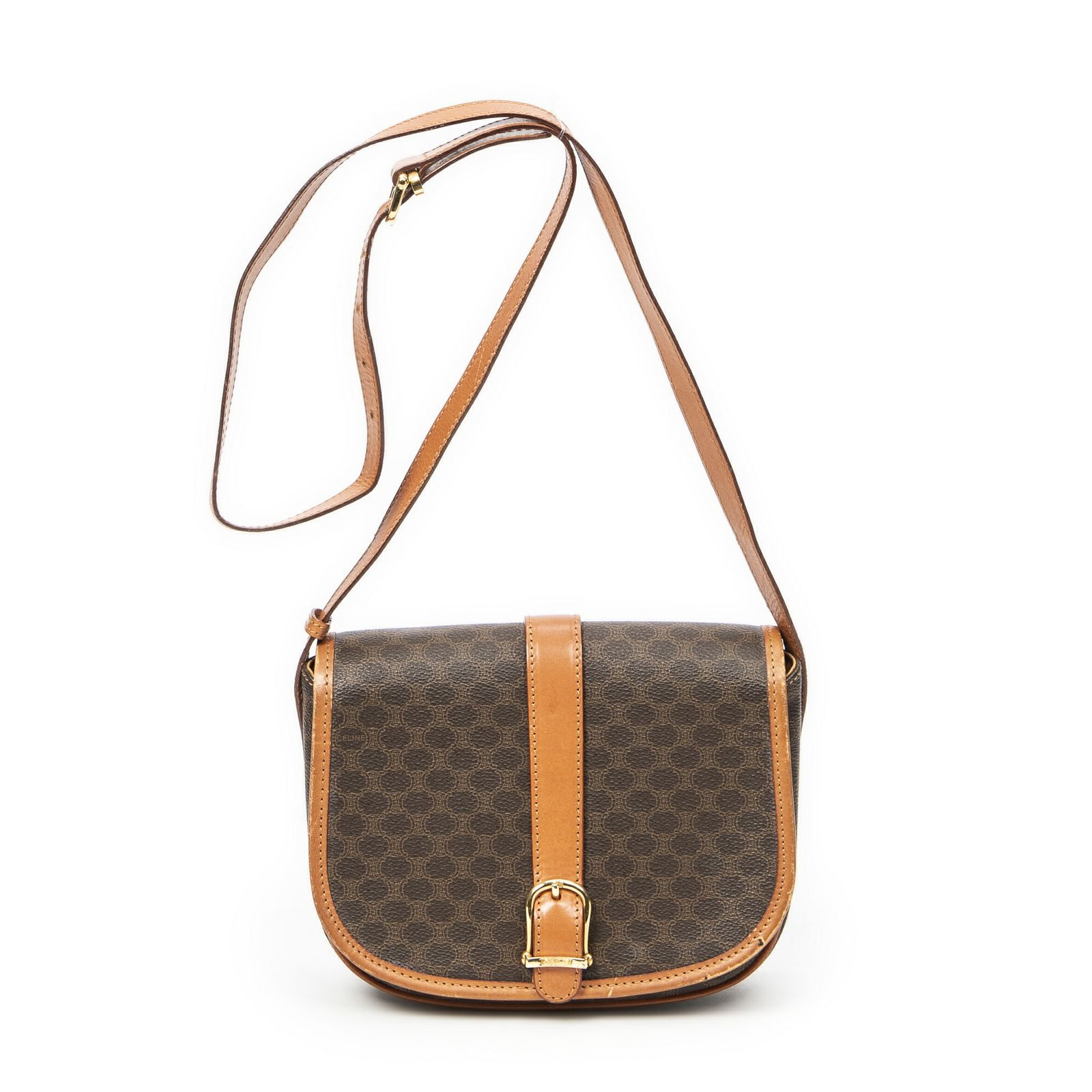 CELINE セリーヌヴィンテージ フラップ クロスボディ茶色マカダムPVCキャンバスAB
