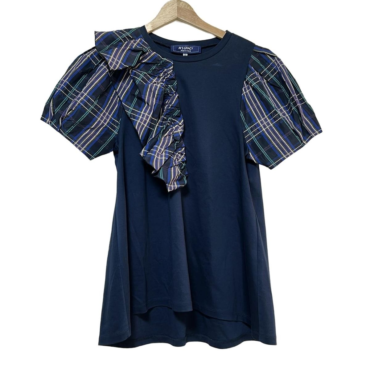 エムズグレイシー 半袖カットソー サイズ38 M レディース - ネイビー×パープル×マルチ クルーネック チェック柄 変形デザイン 異素材切替