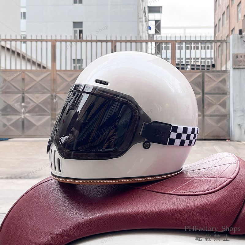 レトロヘルメット クラシック フルフェイスヘルメット ゴーグルが付き バイクヘルメット DOT認定 耐久性 安全性 通気性 男女兼用 ホワイト A195