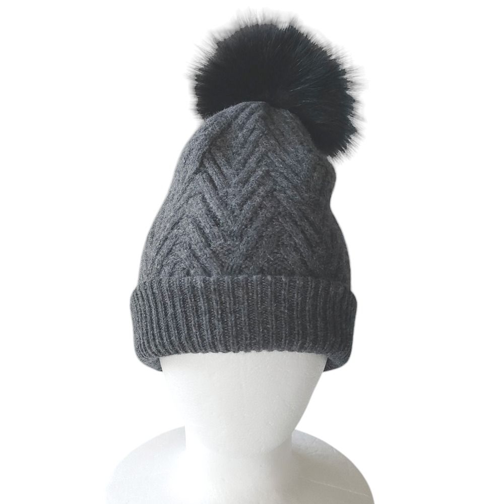 AGNONA アニオナ フォックスファー付き ポンポン ニットキャップ ビーニー 帽子 グレー レディース 古着