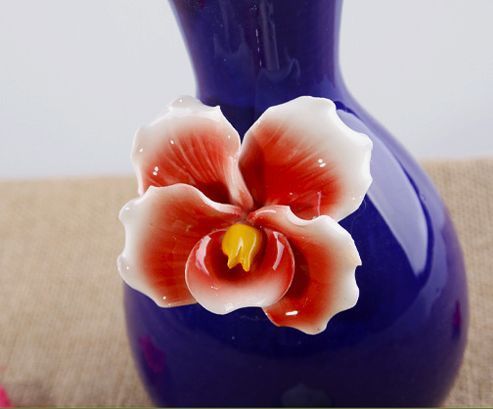 フラワーベース 花瓶 地中海風 大きな花 陶器製 (ブルー)