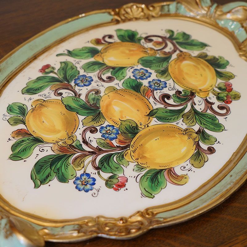 イタリア製 レジントレイ レモン柄 Lサイズ トレー ゴールド お盆 インテリア 雑貨 アンティーク テーブルウェア おしゃれ