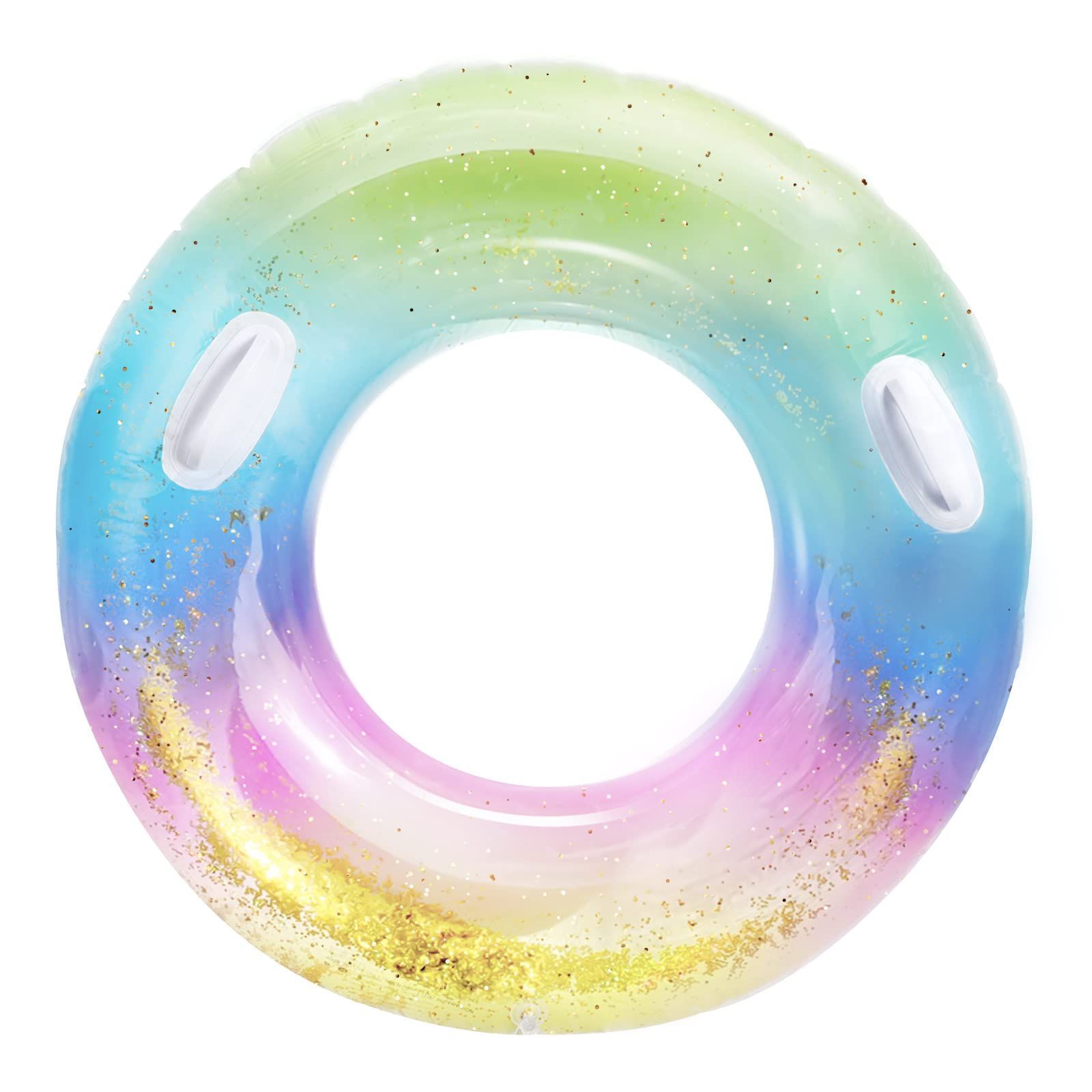 レインボー_直径100cm Ninonly 浮き輪 うきわ 浮輪 大人用 子供用 取って付き O型 フロート 水遊び用 キラキラ 夏休み スイミング 直径100cm（レインボー柄）