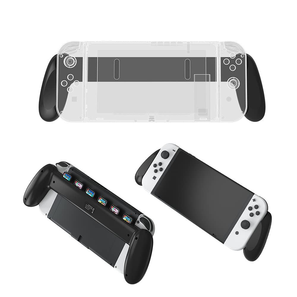 【数量限定】Nintendo Switch 有機ELモデル専用グリップ 携帯モードで操作性アップハンドル Uniraku 人間工学に基づいてデザイン  長時間プレイによる手や手首の痛みを防ぎます 6枚ゲームカード収納可能 (黒い)