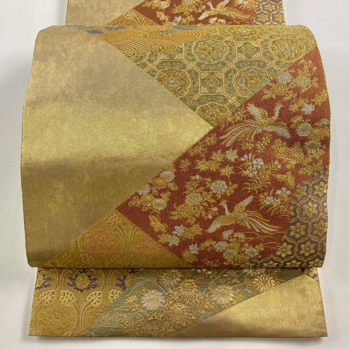 袋帯 美品 逸品 華文 蜀江文 絽刺し 金糸 灰茶 全通 正絹 【中古】