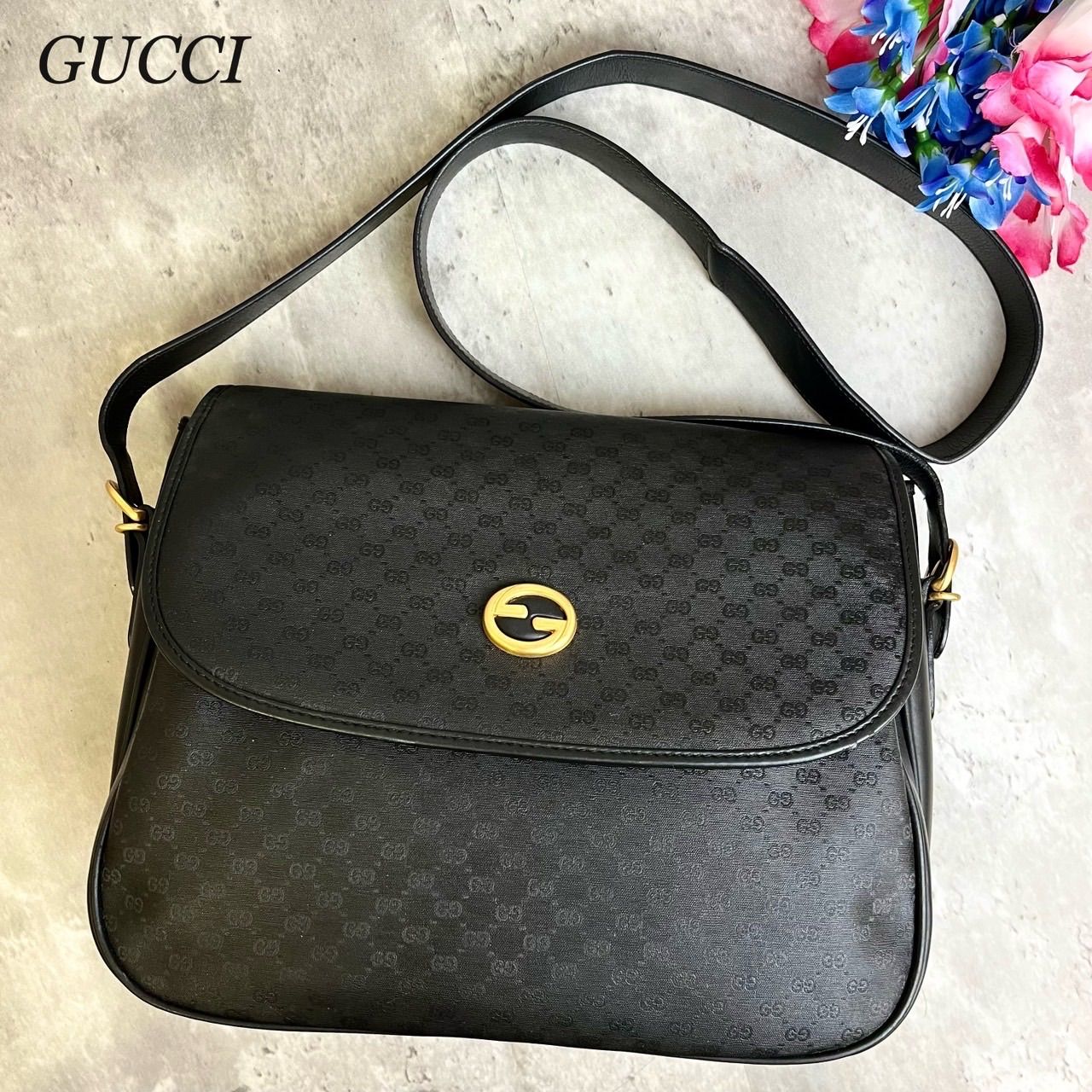 GUCCI】ショルダーバッグマイクロGG柄ブラックゴールド金具