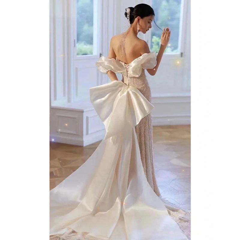 レディース 2025 ウェディングドレス 重工 フィッシュテール ロングドレス ホワイト ワインレッド MAAHADDERANG_COM