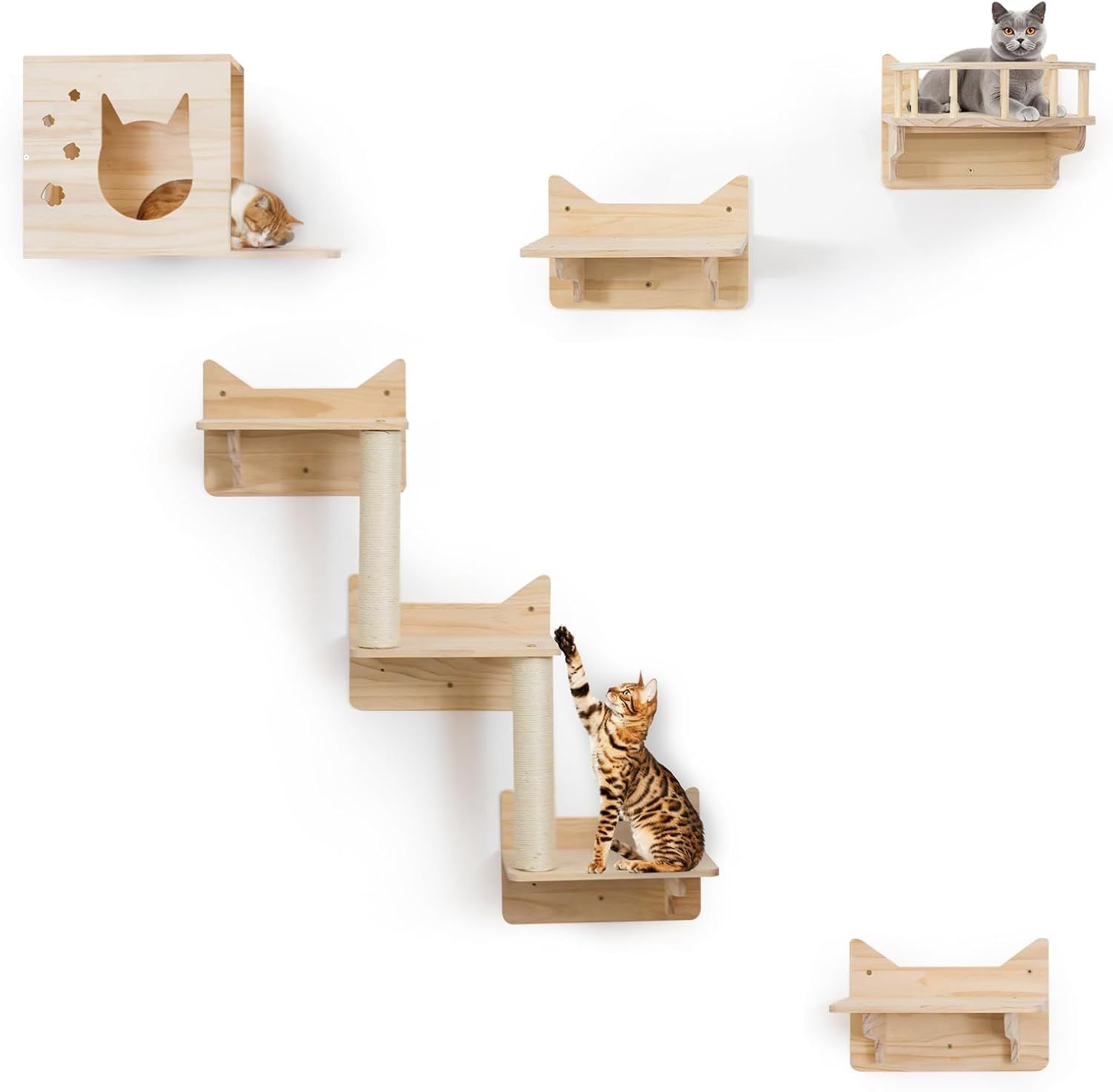 MIUZMORE 松 猫 壁フレーム クライミングフレーム 5点セット 猫の壁家具 猫の棚と止まり木 壁 キャットハウス サイザル麻の柱 はしご 猫の階段 猫の旅行プラットフォーム