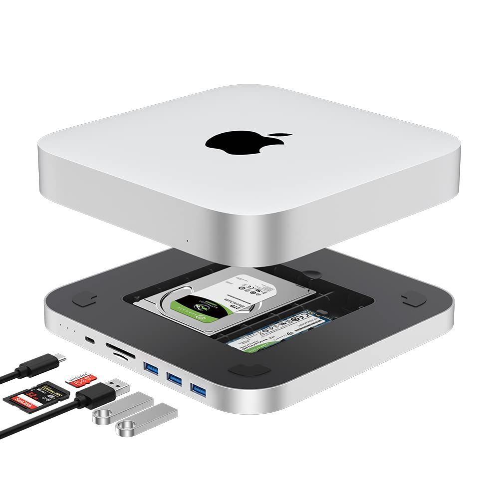 Qwiizlab USB C ハブ デュアルドライブエンクロージャ付き Mac Studio Mac Mini M2|M1|Intel 用ドッキングステーション Type-C 10Gbps カードリーダー 104MB|s M.2 SATA および