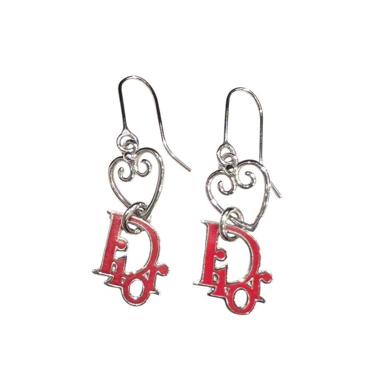 Christian Dior クリスチャン ディオール ロゴ ハートモチーフ フックピアス メタル シルバー レッド DIORロゴ ピアス レディース 23021057 HO