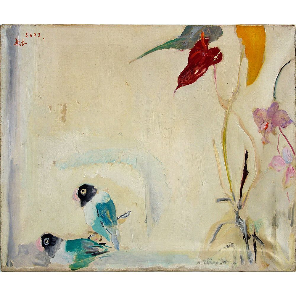 油絵F８号蘭の花 油彩画 高間惣七「蘭花と小鳥」F8号 昭和16年制作 額付き 油絵