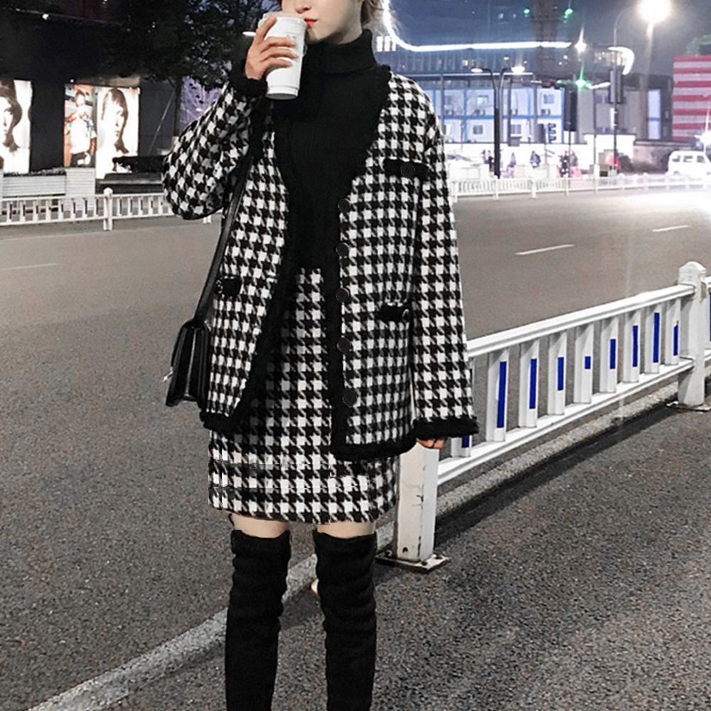 千鳥柄 ニットセットアップ レディース 韓国ファッション 秋冬 ロング
